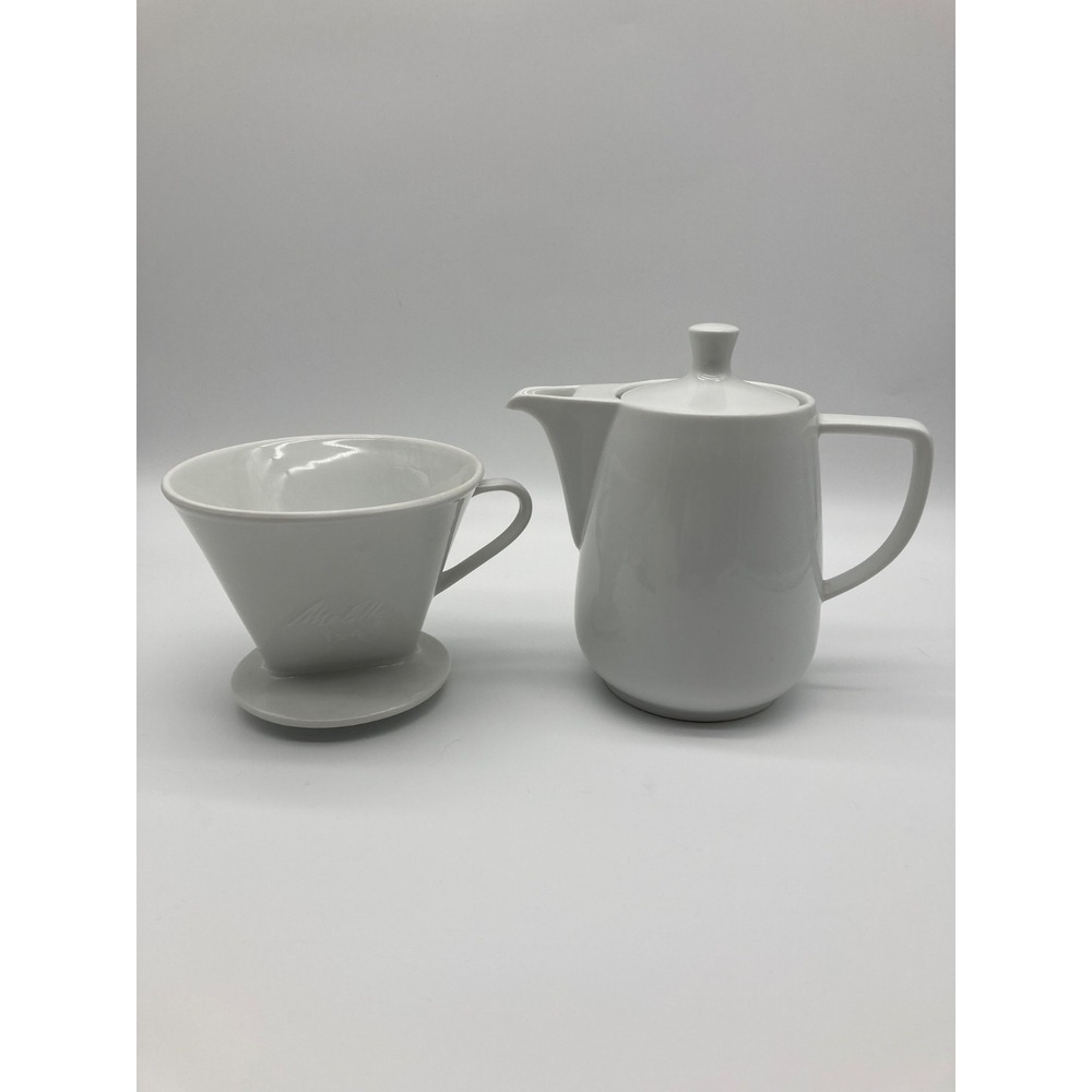 Vintage Melitta Germany White Porcelain Coffee Pot & 1x4 Pour Over Dripper Set